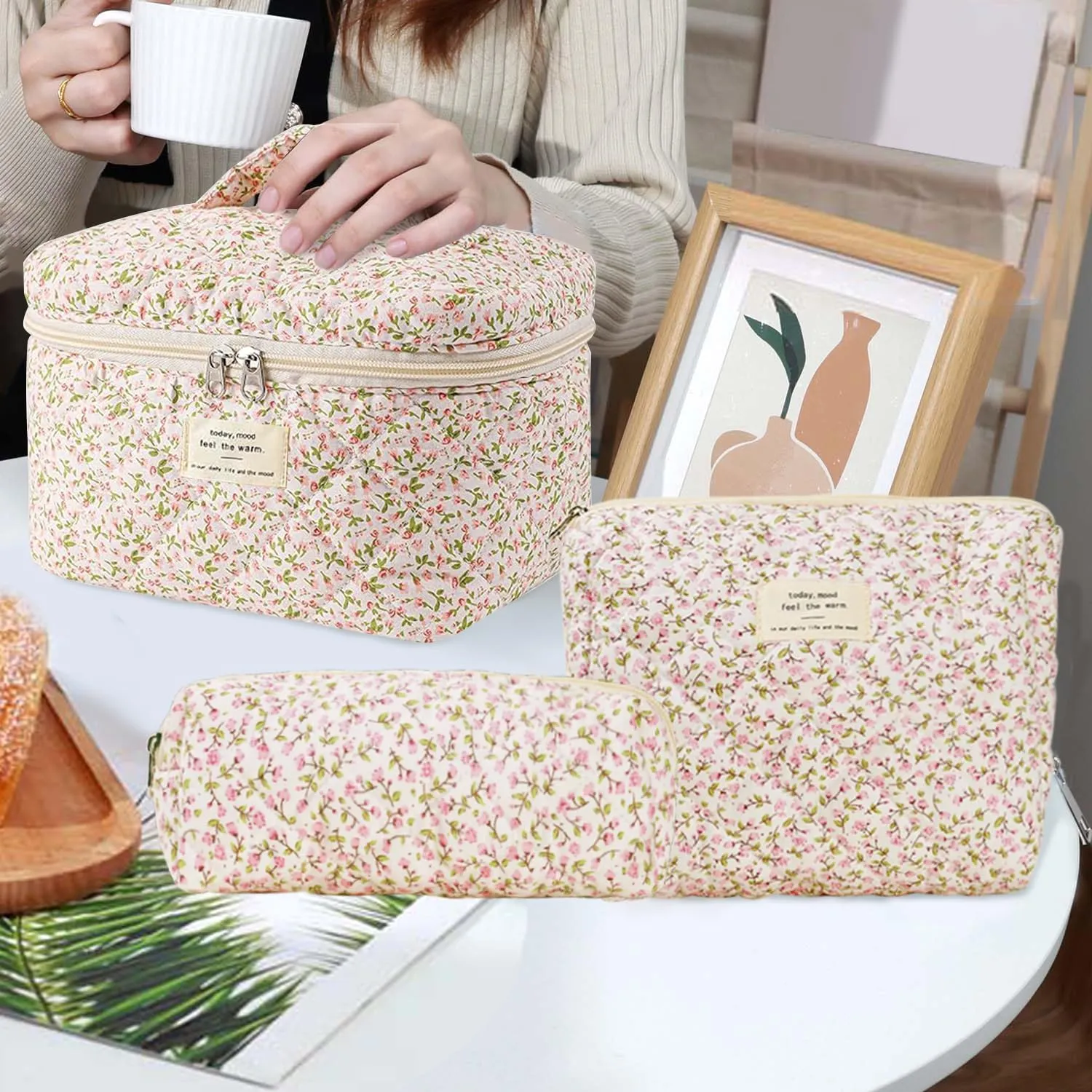 3 Pcs Cotton Quilted Makeup Bag Set, Floral Cotton Cosmetic Bag, Aesthetic Toiletry Travel Organizer Bag for Women(Little Pink Flower)