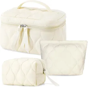 3 PCS Quilted Makeup Bag Set Coquette Cosmetic Bag Toiletry Travel Organizer, Small Medium Large, Cute Portable Puffy for Women Girls,Beige