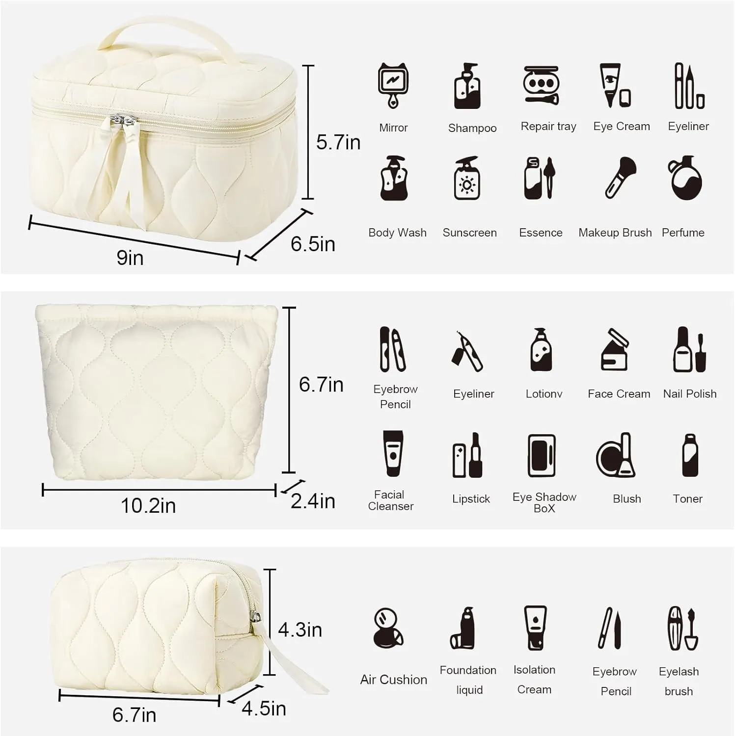 3 PCS Quilted Makeup Bag Set Coquette Cosmetic Bag Toiletry Travel Organizer, Small Medium Large, Cute Portable Puffy for Women Girls,Beige