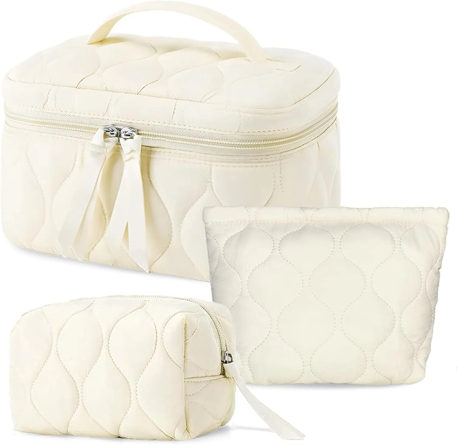 3 PCS Quilted Makeup Bag Set Coquette Cosmetic Bag Toiletry Travel Organizer, Small Medium Large, Cute Portable Puffy for Women Girls,Beige