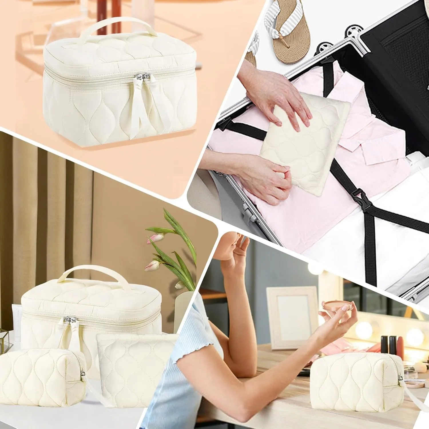3 PCS Quilted Makeup Bag Set Coquette Cosmetic Bag Toiletry Travel Organizer, Small Medium Large, Cute Portable Puffy for Women Girls,Beige