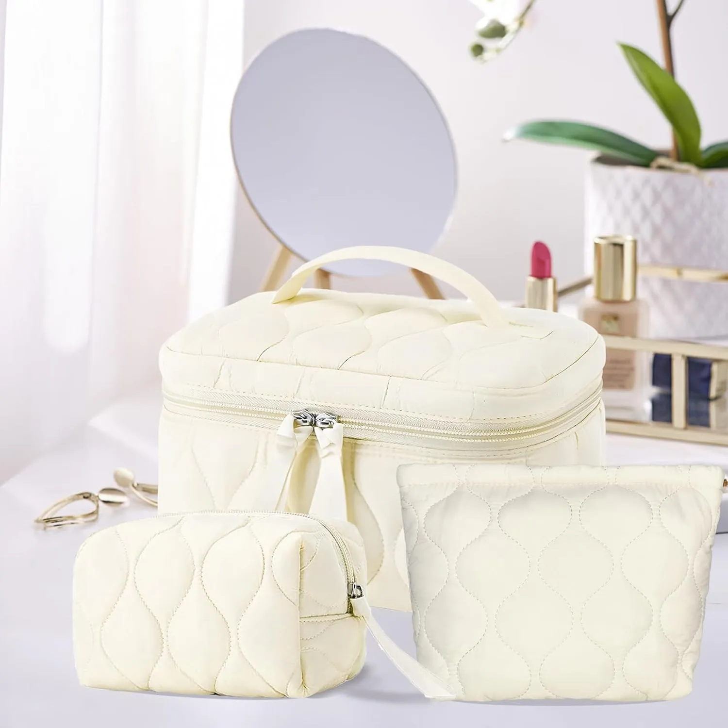 3 PCS Quilted Makeup Bag Set Coquette Cosmetic Bag Toiletry Travel Organizer, Small Medium Large, Cute Portable Puffy for Women Girls,Beige