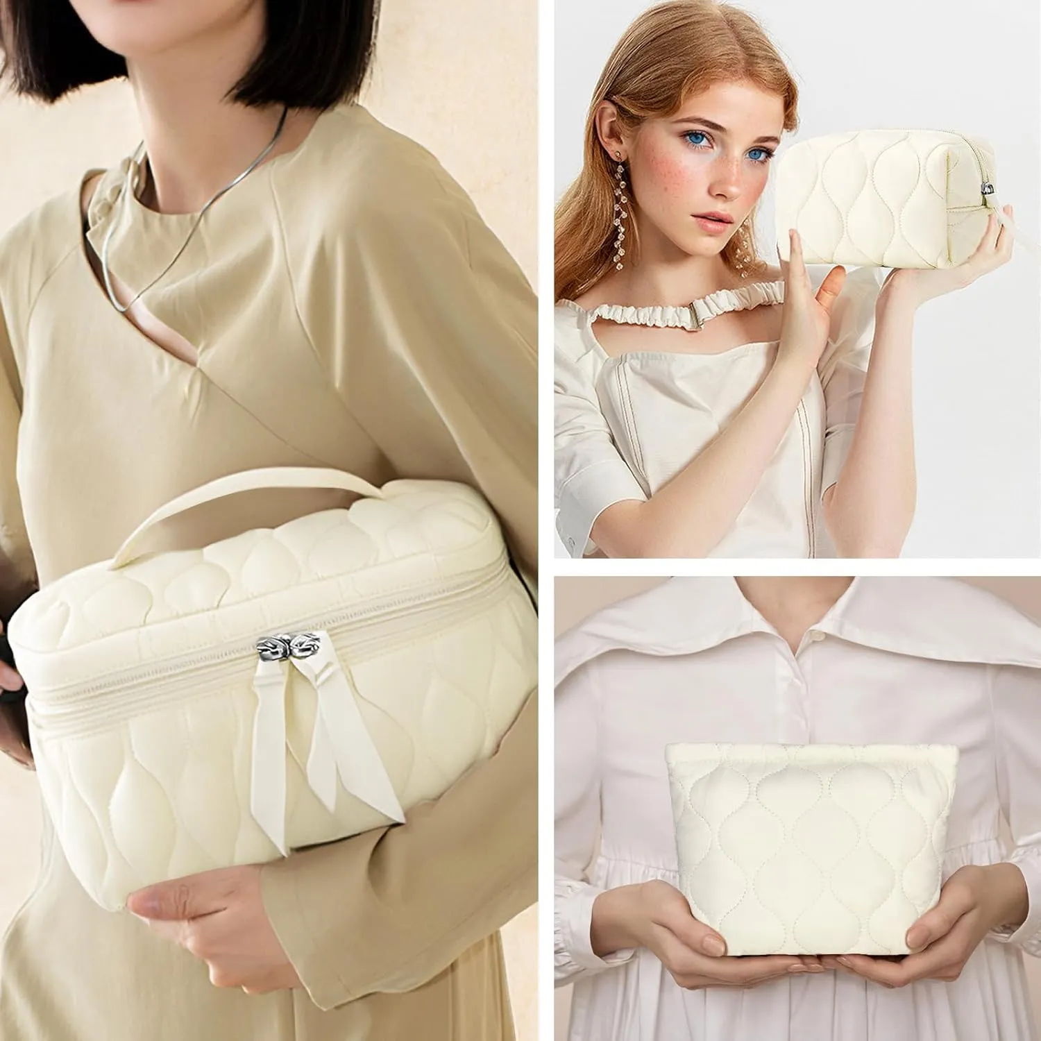 3 PCS Quilted Makeup Bag Set Coquette Cosmetic Bag Toiletry Travel Organizer, Small Medium Large, Cute Portable Puffy for Women Girls,Beige