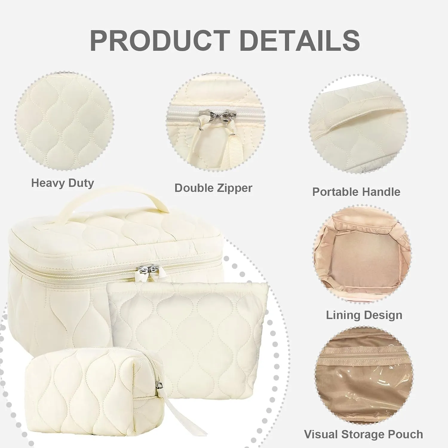 3 PCS Quilted Makeup Bag Set Coquette Cosmetic Bag Toiletry Travel Organizer, Small Medium Large, Cute Portable Puffy for Women Girls,Beige