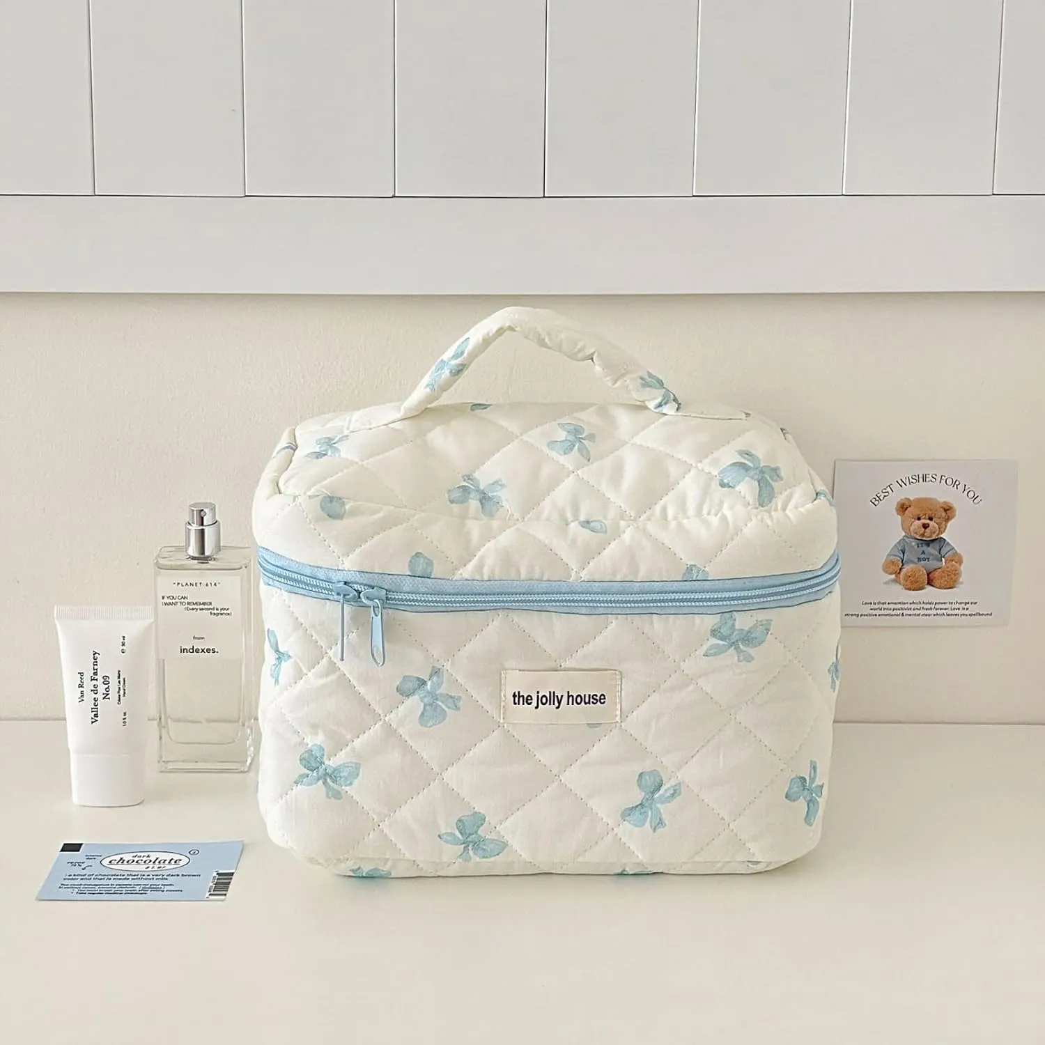 3 Pcs Quilted Makeup Bags Set, Cute Cotton Makeup Pouch, Polka Dot Travel, Plaid Bow Cosmetic Bag, Large Travel Cosmetic Bag for Women(E)