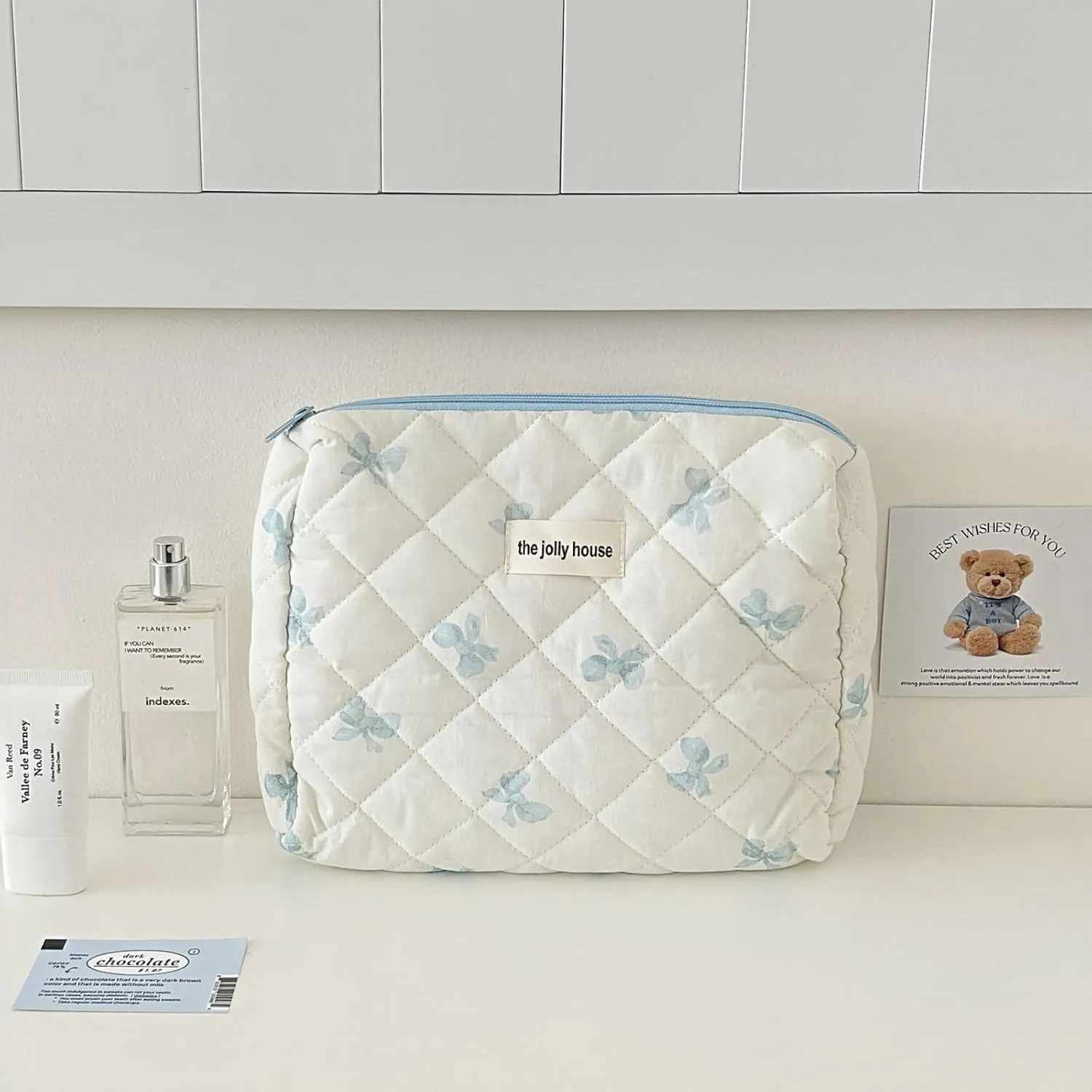 3 Pcs Quilted Makeup Bags Set, Cute Cotton Makeup Pouch, Polka Dot Travel, Plaid Bow Cosmetic Bag, Large Travel Cosmetic Bag for Women(E)