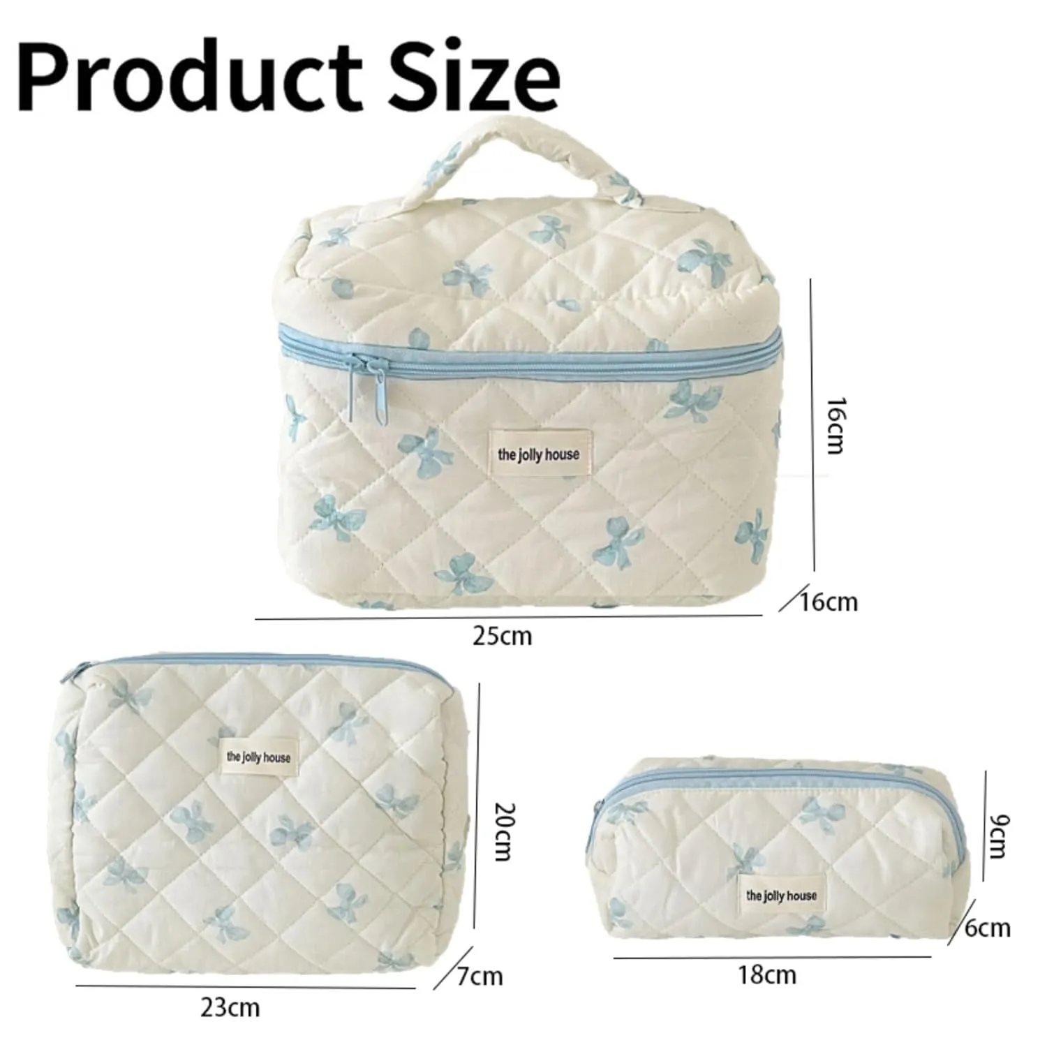 3 Pcs Quilted Makeup Bags Set, Cute Cotton Makeup Pouch, Polka Dot Travel, Plaid Bow Cosmetic Bag, Large Travel Cosmetic Bag for Women(E)