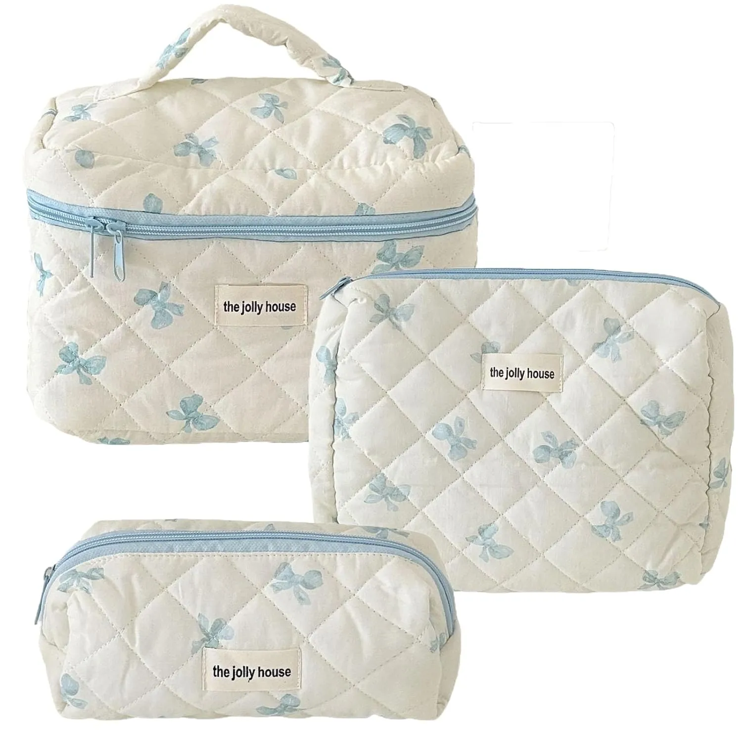 3 Pcs Quilted Makeup Bags Set, Cute Cotton Makeup Pouch, Polka Dot Travel, Plaid Bow Cosmetic Bag, Large Travel Cosmetic Bag for Women(E)