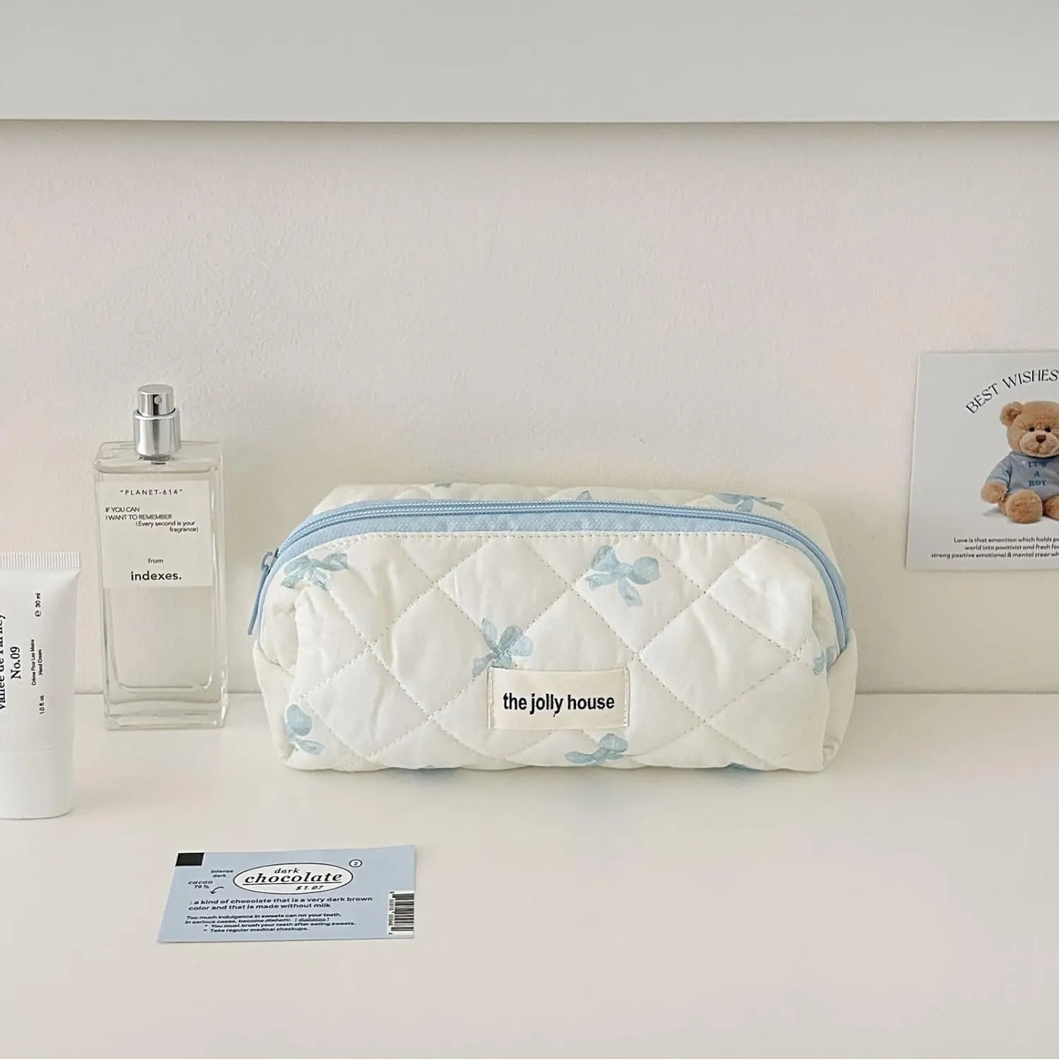 3 Pcs Quilted Makeup Bags Set, Cute Cotton Makeup Pouch, Polka Dot Travel, Plaid Bow Cosmetic Bag, Large Travel Cosmetic Bag for Women(E)