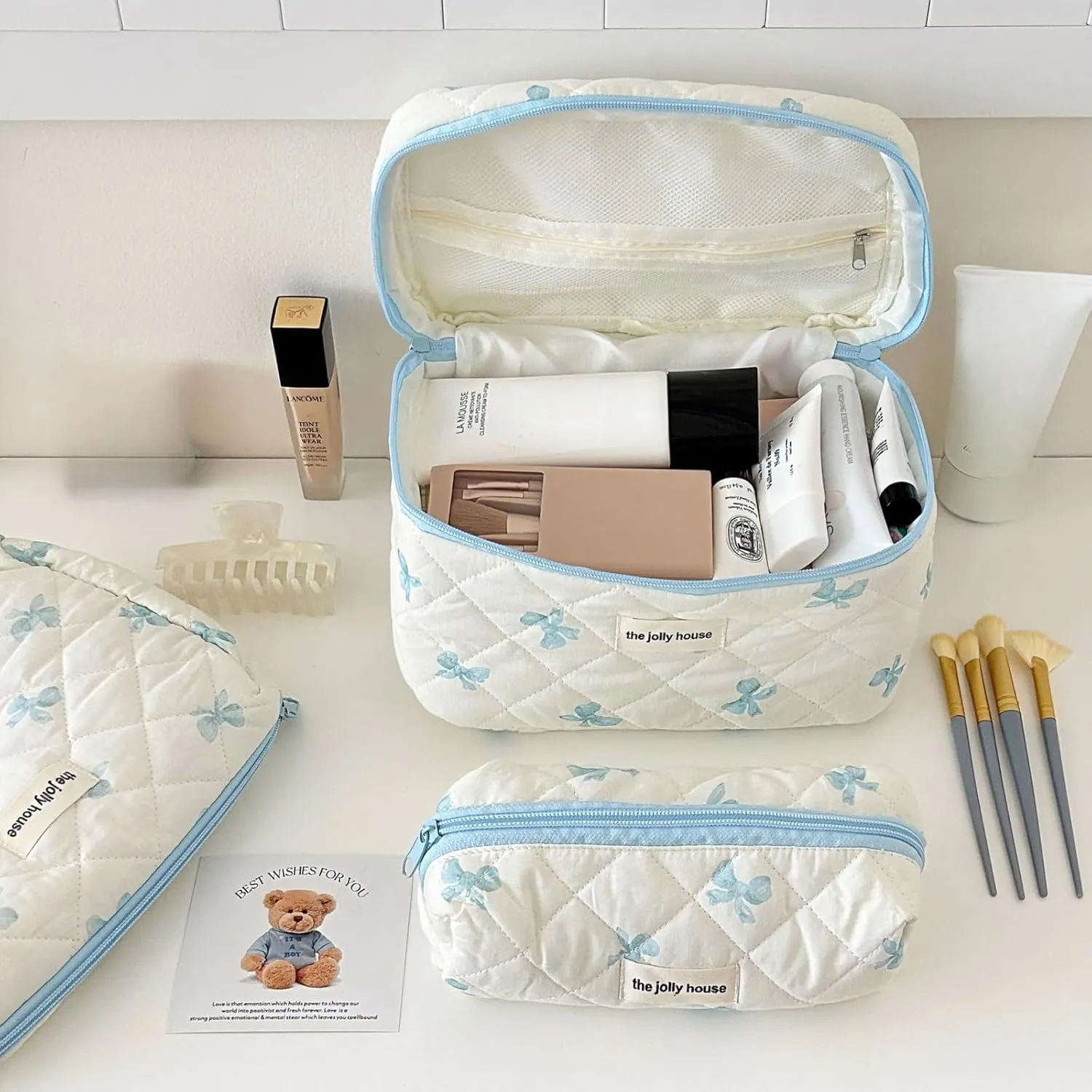 3 Pcs Quilted Makeup Bags Set, Cute Cotton Makeup Pouch, Polka Dot Travel, Plaid Bow Cosmetic Bag, Large Travel Cosmetic Bag for Women(E)
