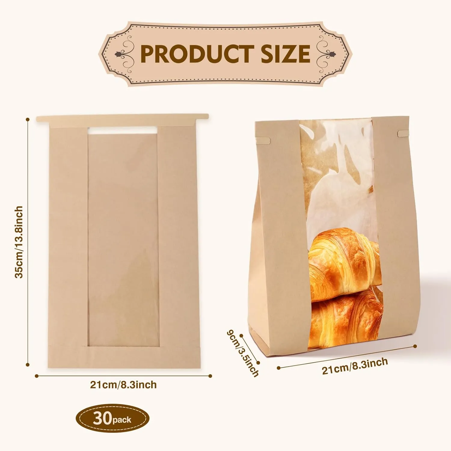 30 Pack Bakery Bags with Window Kraft Paper Bread Bags Bread Loaf Bags with Tin Tie Tab Lock Toast Bags Baked Food Packaging Storage
