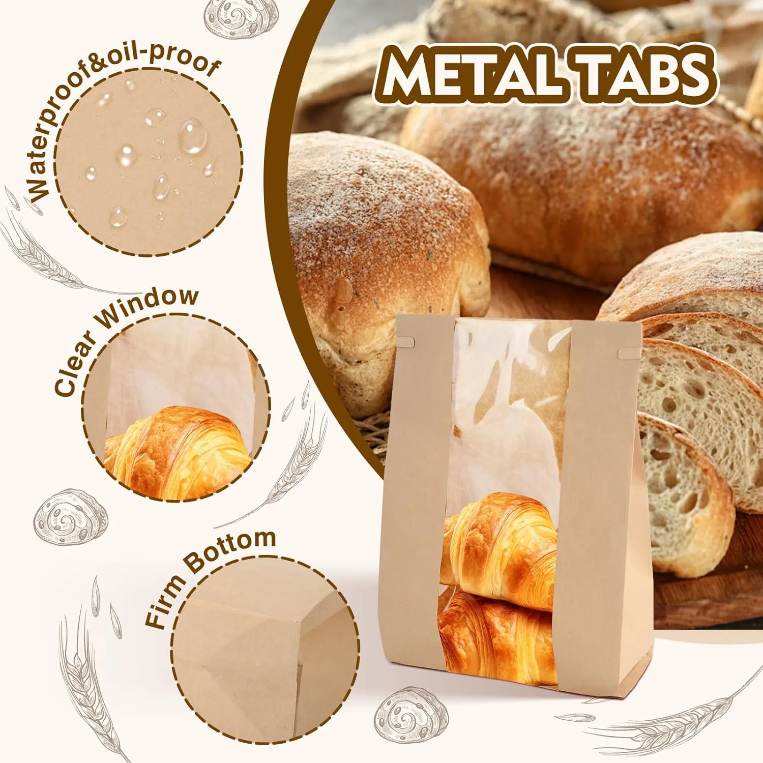 30 Pack Bakery Bags with Window Kraft Paper Bread Bags Bread Loaf Bags with Tin Tie Tab Lock Toast Bags Baked Food Packaging Storage