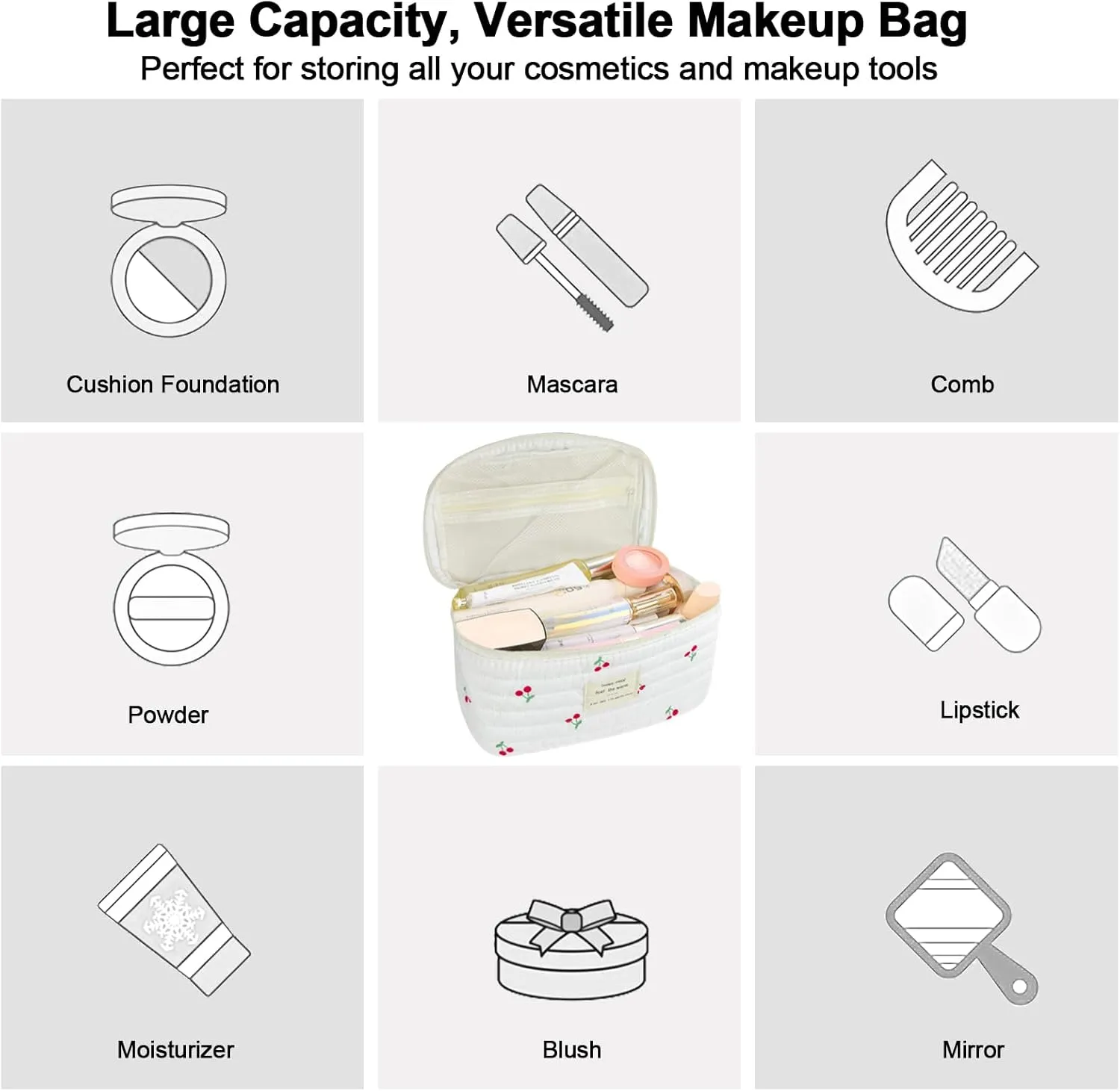 3Pcs Cotton Quilted Makeup Bag for Women Girls, Large Floral Cosmetic Bag Set Cute Makeup Brushes Aesthetic Accessories Storage Bag Cherry Travel Toiletry Bag Organizer