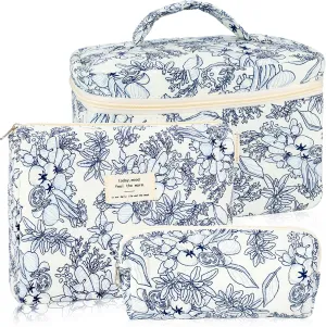 3Pcs Cotton Quilted Makeup Bag for Women Girls Large Small Travel Black Floral Cosmetic Bags Set Cute Coquette Makeup Pouch for Purse Aesthetic Cloth Flower Storage Toiletry Bag Organizer