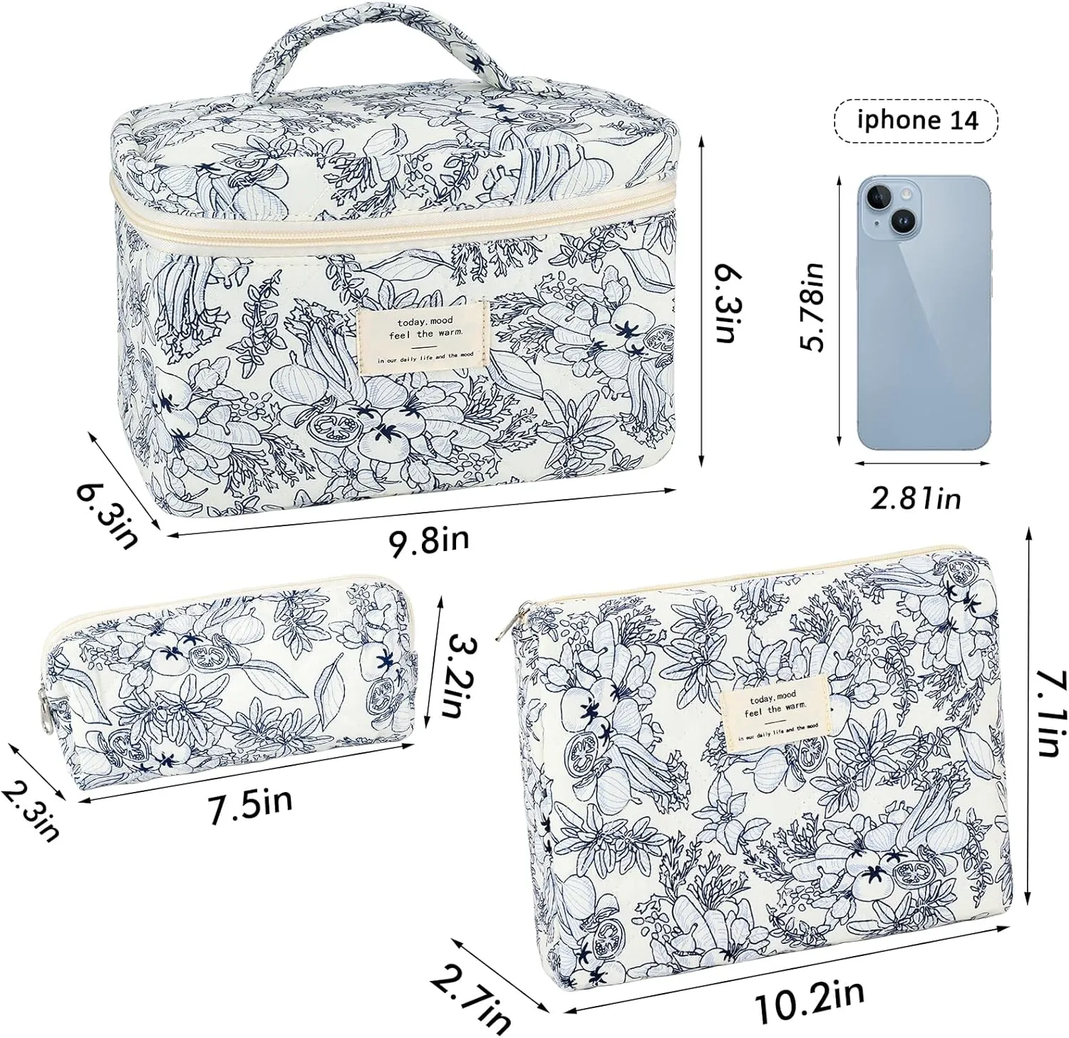 3Pcs Cotton Quilted Makeup Bag for Women Girls Large Small Travel Black Floral Cosmetic Bags Set Cute Coquette Makeup Pouch for Purse Aesthetic Cloth Flower Storage Toiletry Bag Organizer