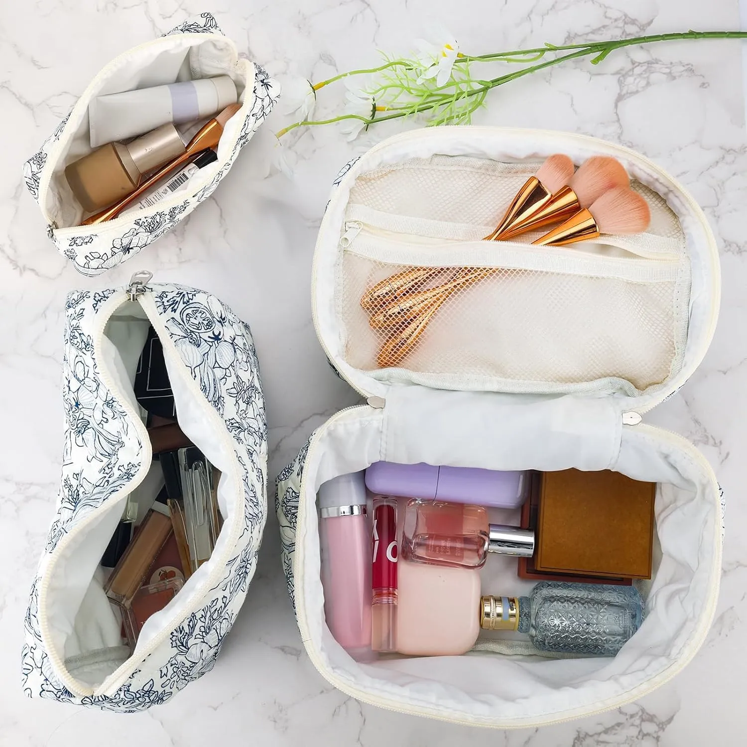 3Pcs Cotton Quilted Makeup Bag for Women Girls Large Small Travel Black Floral Cosmetic Bags Set Cute Coquette Makeup Pouch for Purse Aesthetic Cloth Flower Storage Toiletry Bag Organizer