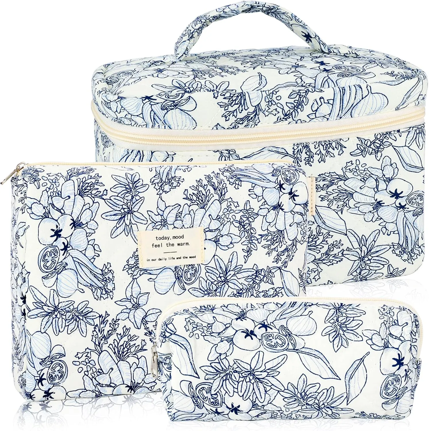 3Pcs Cotton Quilted Makeup Bag for Women Girls Large Small Travel Black Floral Cosmetic Bags Set Cute Coquette Makeup Pouch for Purse Aesthetic Cloth Flower Storage Toiletry Bag Organizer