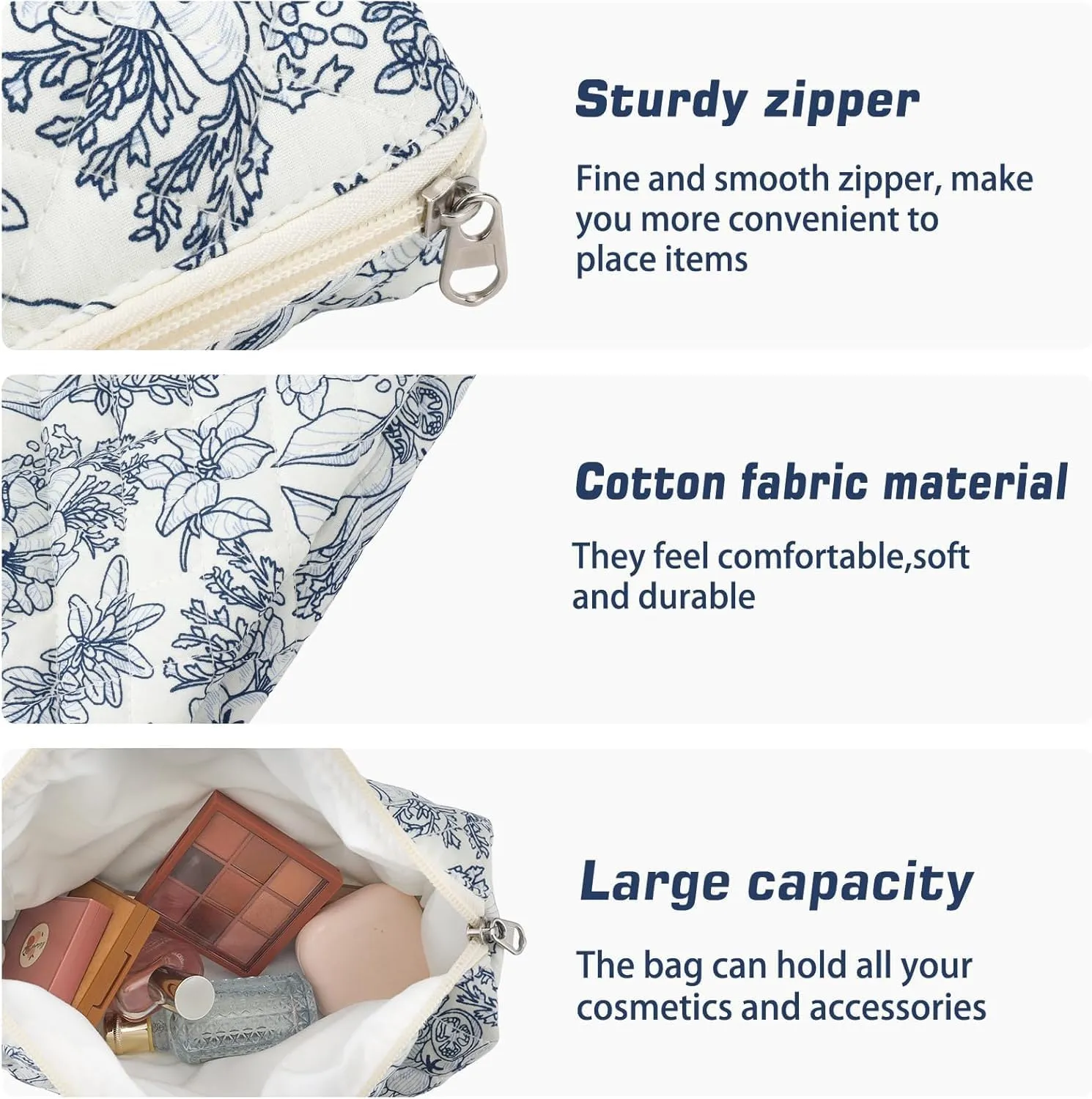 3Pcs Cotton Quilted Makeup Bag for Women Girls Large Small Travel Black Floral Cosmetic Bags Set Cute Coquette Makeup Pouch for Purse Aesthetic Cloth Flower Storage Toiletry Bag Organizer