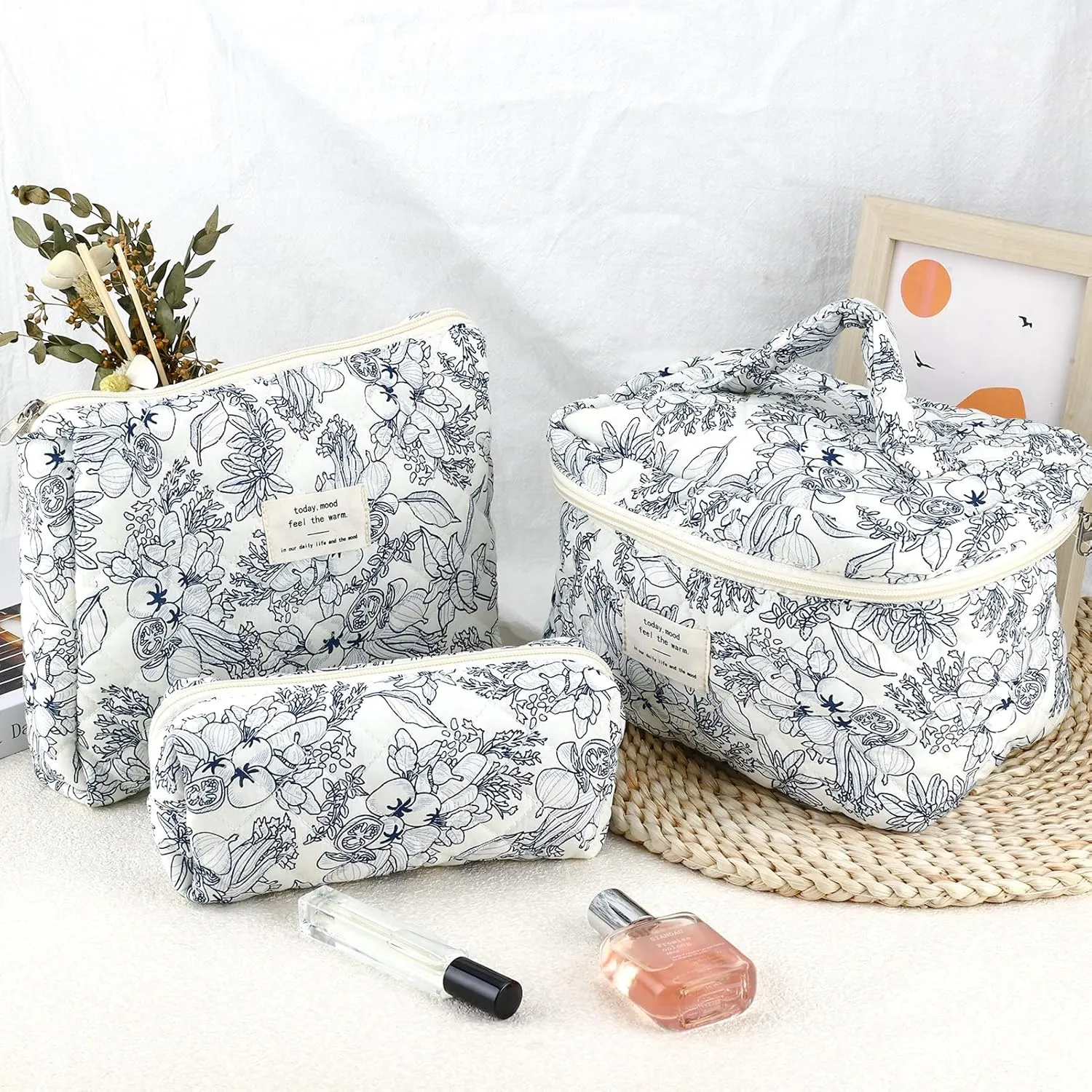 3Pcs Cotton Quilted Makeup Bag for Women Girls Large Small Travel Black Floral Cosmetic Bags Set Cute Coquette Makeup Pouch for Purse Aesthetic Cloth Flower Storage Toiletry Bag Organizer