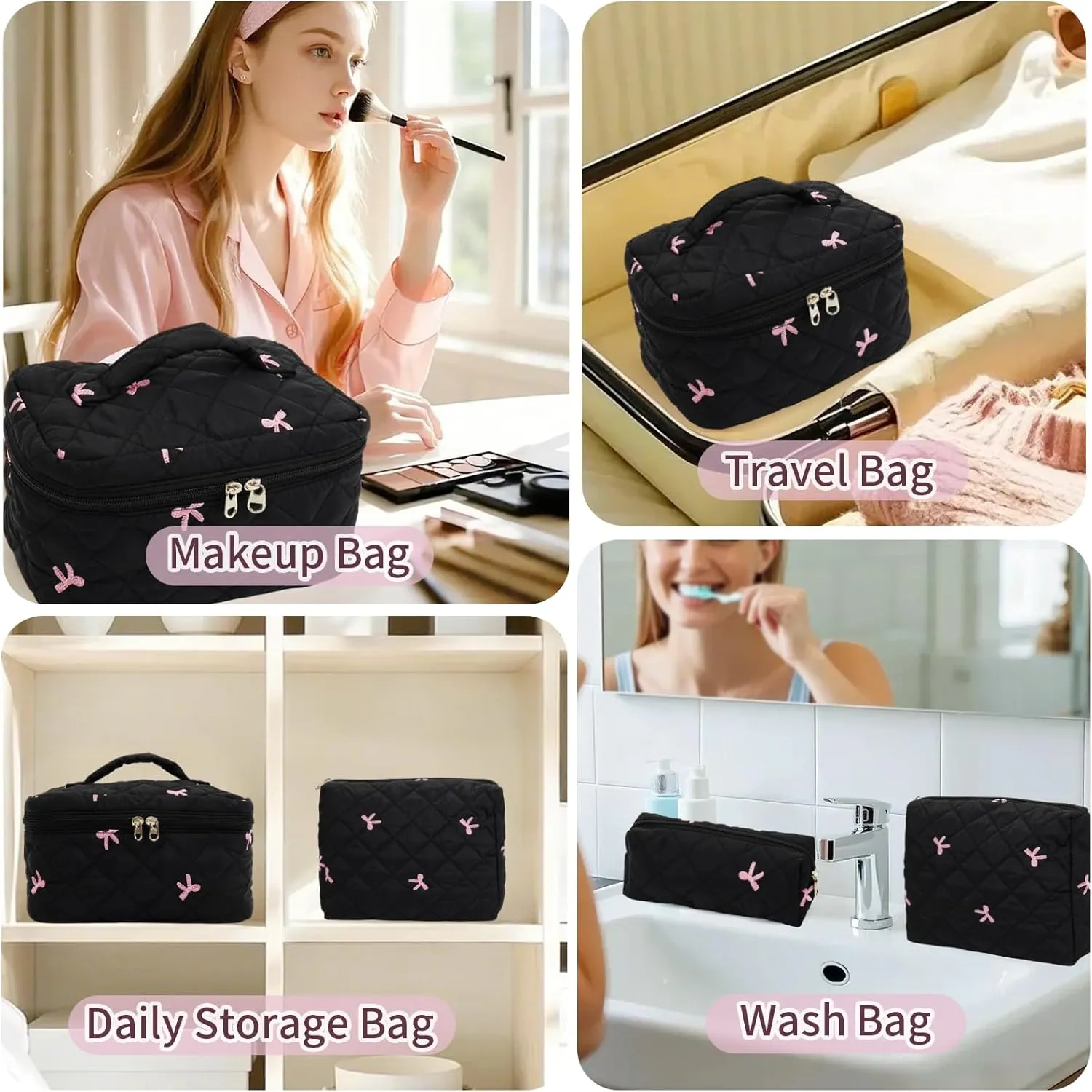 3Pcs Cotton Quilted Makeup Bag Set,Large Floral Cosmetic Bag，Aesthetic Toiletry Travel Makeup Bag Set and Cute Flower Bag for Women Girls (Black Pink Bow)