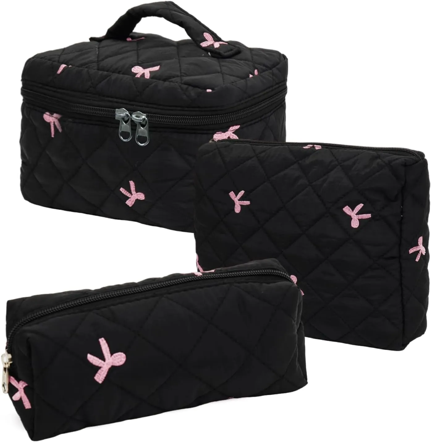 3Pcs Cotton Quilted Makeup Bag Set,Large Floral Cosmetic Bag，Aesthetic Toiletry Travel Makeup Bag Set and Cute Flower Bag for Women Girls (Black Pink Bow)