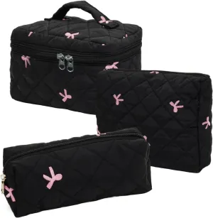 3Pcs Cotton Quilted Makeup Bag Set,Large Floral Cosmetic Bag，Aesthetic Toiletry Travel Makeup Bag Set and Cute Flower Bag for Women Girls (Black Pink Bow)