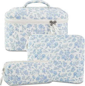 3PCS Makeup Bag Set, Cute Quilted Floral Cosmetic Bag, Large Travel Aesthetic Make up Bag, Coquette Makeup Pouch Toiletry Bag for Women Girls