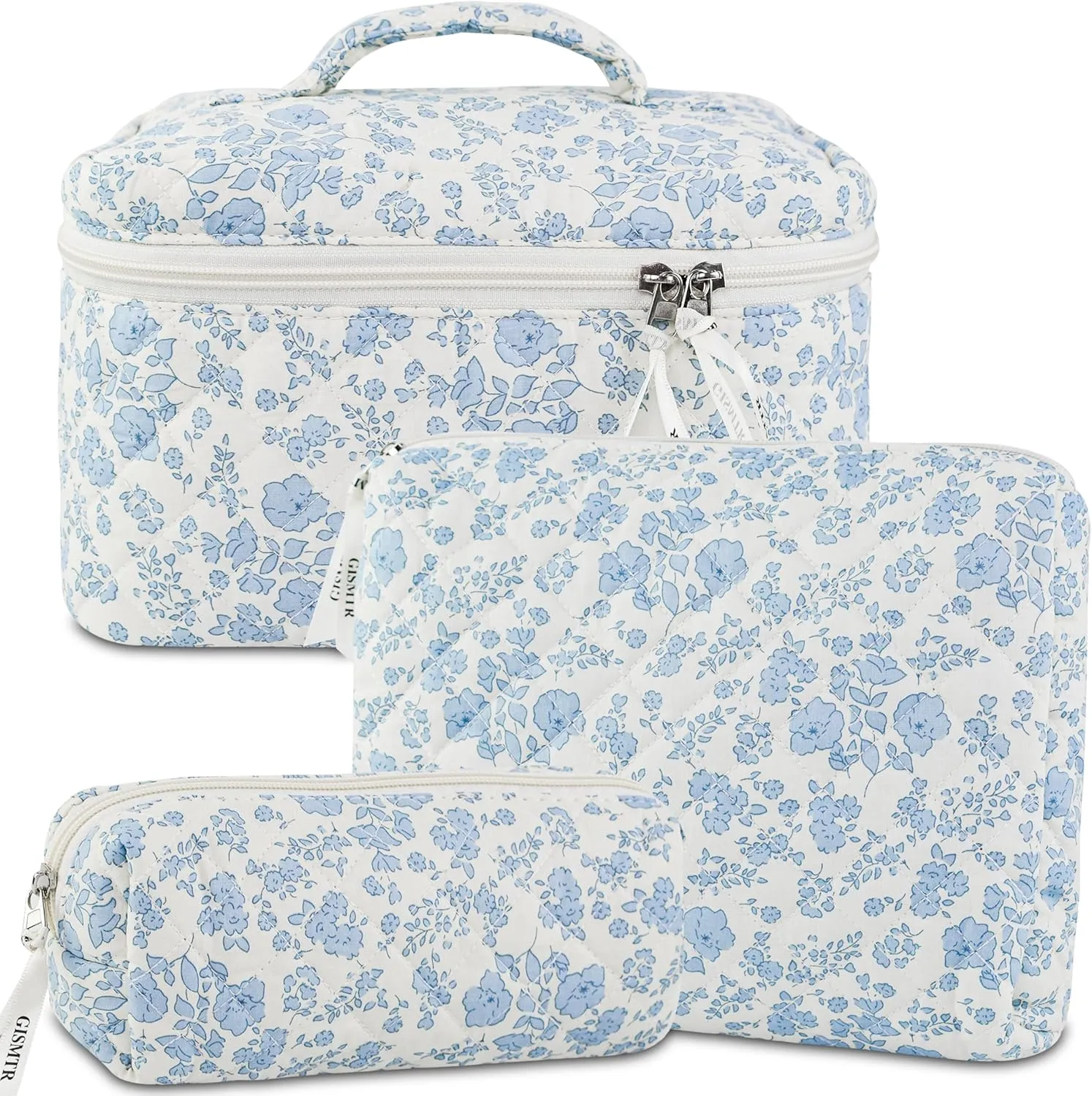 3PCS Makeup Bag Set, Cute Quilted Floral Cosmetic Bag, Large Travel Aesthetic Make up Bag, Coquette Makeup Pouch Toiletry Bag for Women Girls