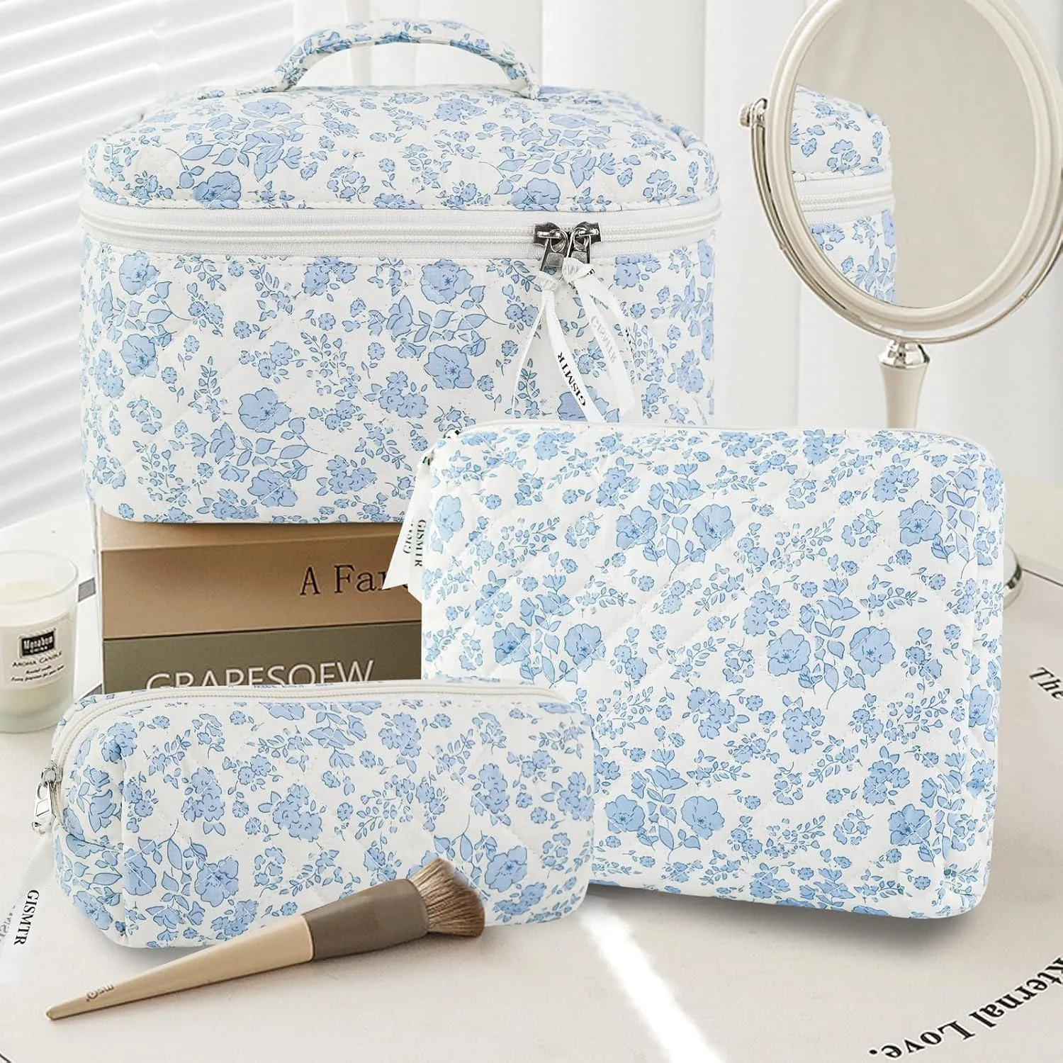 3PCS Makeup Bag Set, Cute Quilted Floral Cosmetic Bag, Large Travel Aesthetic Make up Bag, Coquette Makeup Pouch Toiletry Bag for Women Girls
