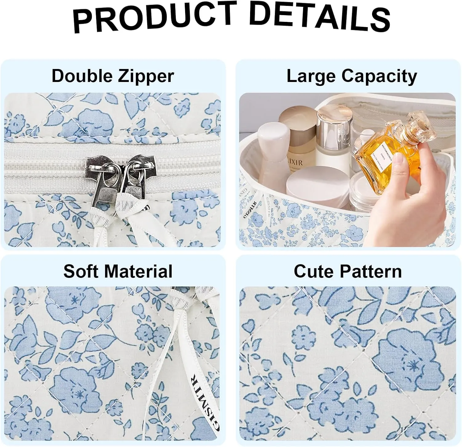 3PCS Makeup Bag Set, Cute Quilted Floral Cosmetic Bag, Large Travel Aesthetic Make up Bag, Coquette Makeup Pouch Toiletry Bag for Women Girls