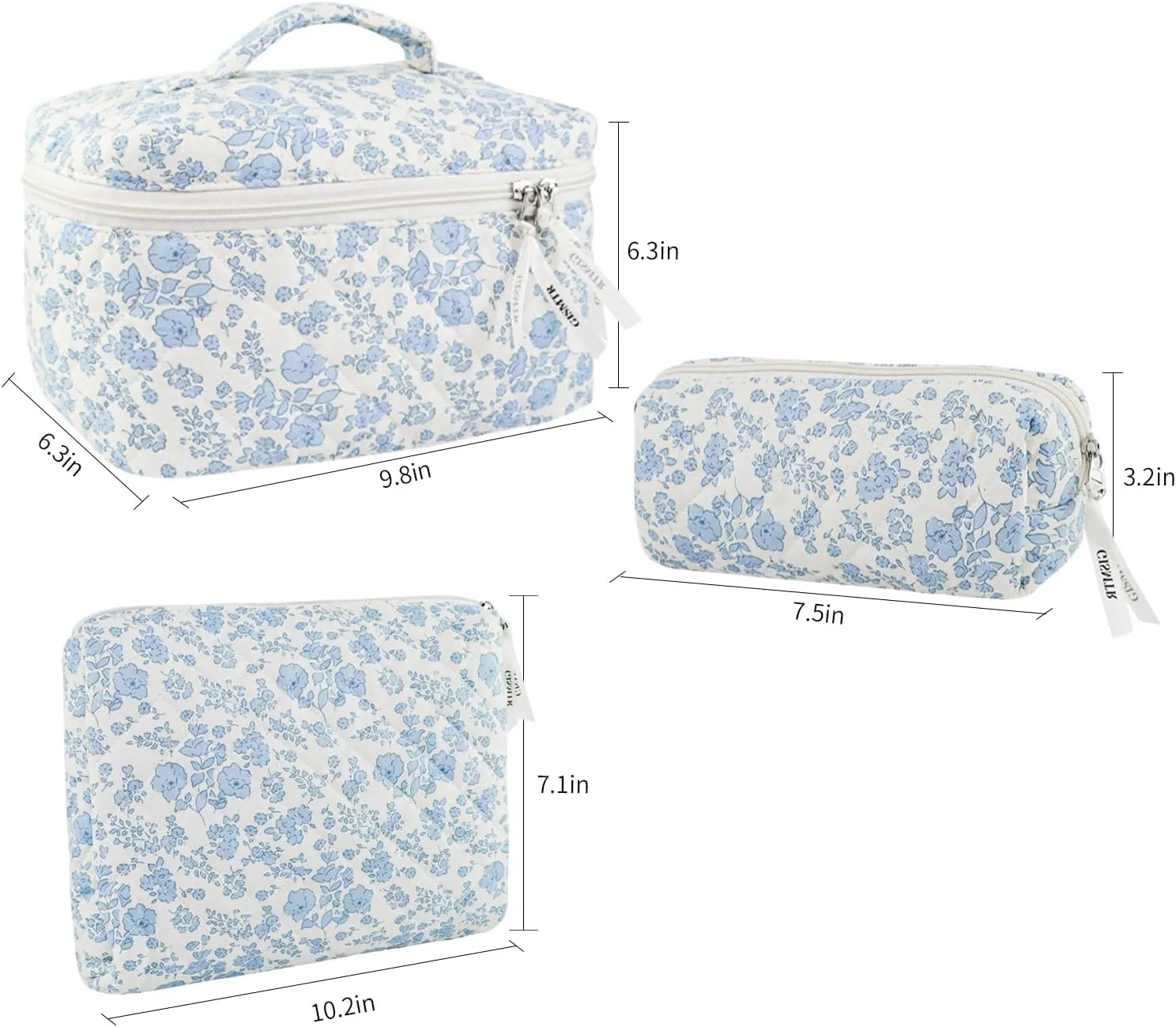 3PCS Makeup Bag Set, Cute Quilted Floral Cosmetic Bag, Large Travel Aesthetic Make up Bag, Coquette Makeup Pouch Toiletry Bag for Women Girls