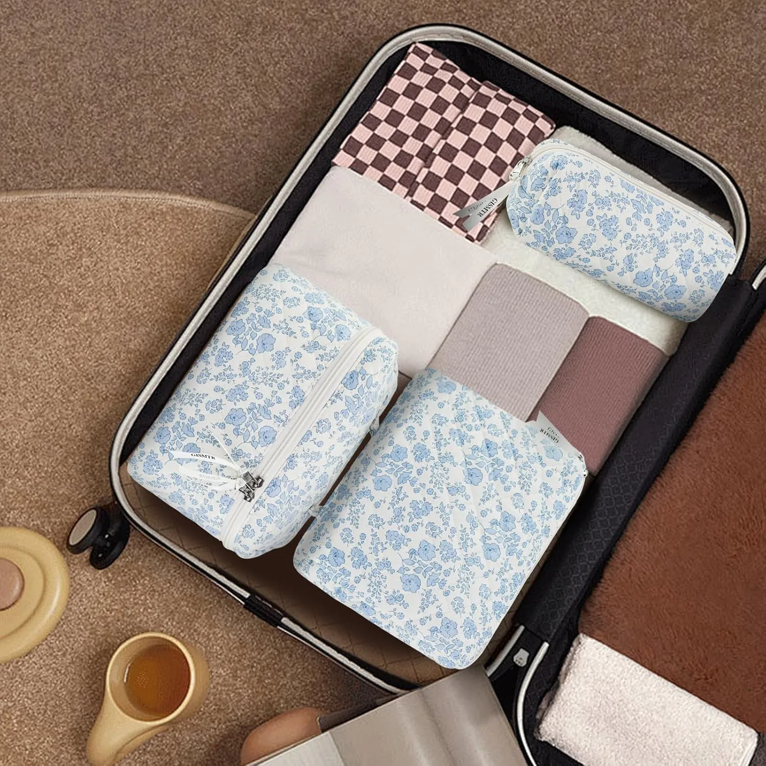 3PCS Makeup Bag Set, Cute Quilted Floral Cosmetic Bag, Large Travel Aesthetic Make up Bag, Coquette Makeup Pouch Toiletry Bag for Women Girls