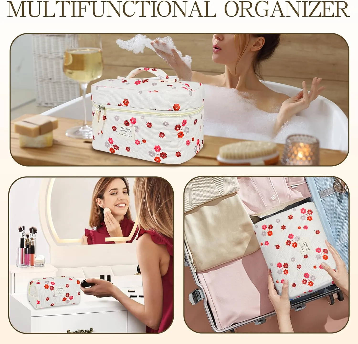 3Pcs Makeup Bags for Women, Cute Makeup Organizer Bag, Quilted Cosmetic Bag Set, Travel Toiletry Bag for Women, Floral Cosmetic Bag, Make Up Organizers Bag, Womens Toiletry Bag