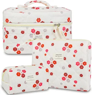 3Pcs Makeup Bags for Women, Cute Makeup Organizer Bag, Quilted Cosmetic Bag Set, Travel Toiletry Bag for Women, Floral Cosmetic Bag, Make Up Organizers Bag, Womens Toiletry Bag
