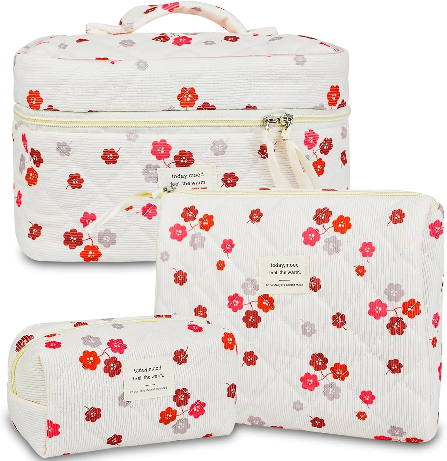 3Pcs Makeup Bags for Women, Cute Makeup Organizer Bag, Quilted Cosmetic Bag Set, Travel Toiletry Bag for Women, Floral Cosmetic Bag, Make Up Organizers Bag, Womens Toiletry Bag