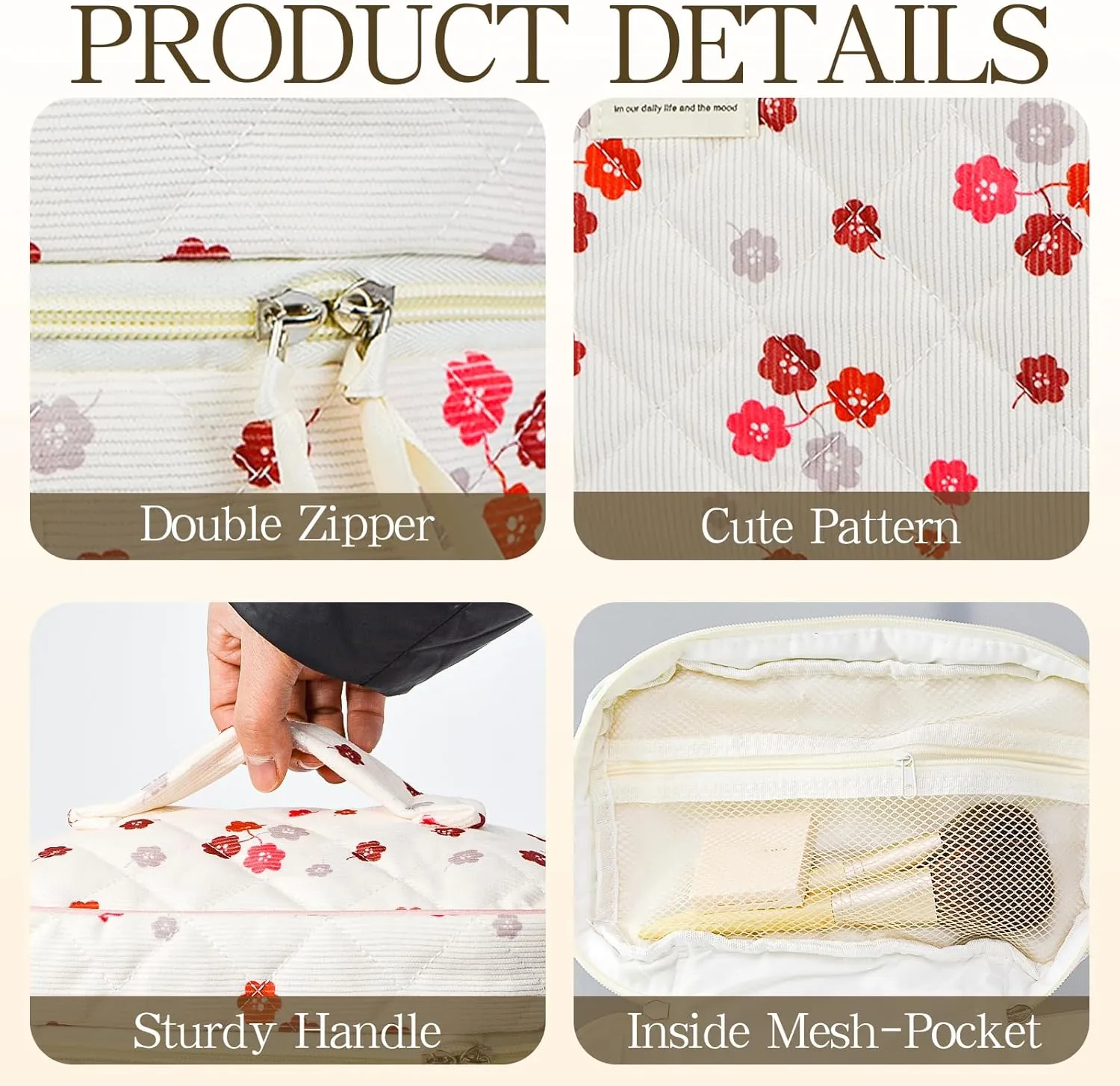 3Pcs Makeup Bags for Women, Cute Makeup Organizer Bag, Quilted Cosmetic Bag Set, Travel Toiletry Bag for Women, Floral Cosmetic Bag, Make Up Organizers Bag, Womens Toiletry Bag