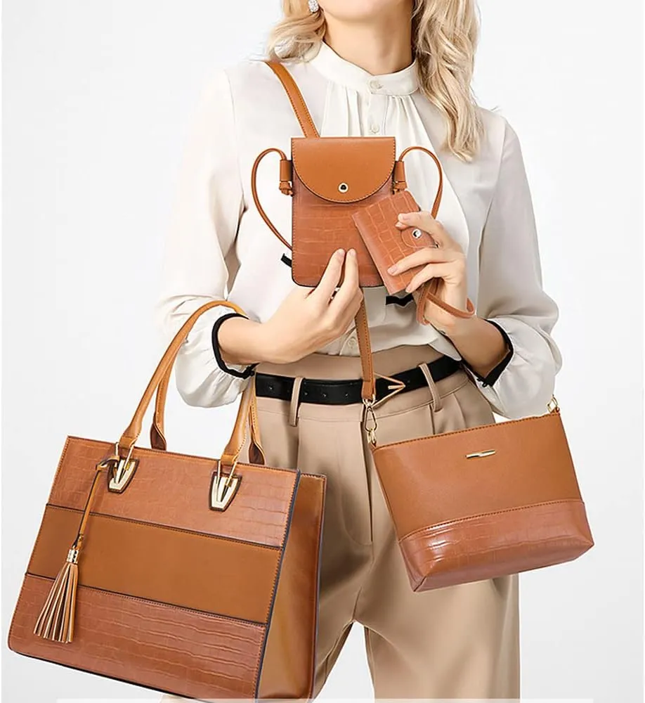 4-Pcs Handbags Sets Women Faux Leather Tote Bags Satchel Top Handle Handbag Purses Crossbody Bag Phone Bag Wallet