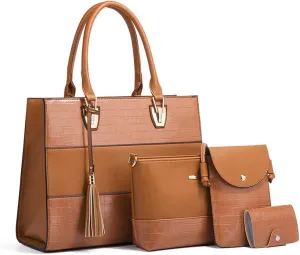 4-Pcs Handbags Sets Women Faux Leather Tote Bags Satchel Top Handle Handbag Purses Crossbody Bag Phone Bag Wallet