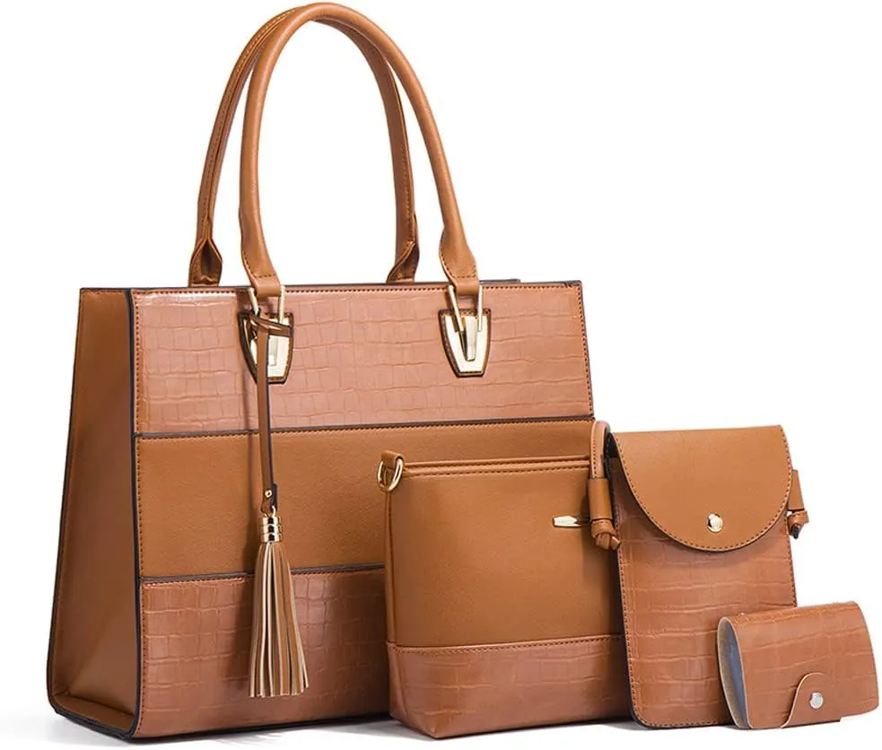 4-Pcs Handbags Sets Women Faux Leather Tote Bags Satchel Top Handle Handbag Purses Crossbody Bag Phone Bag Wallet