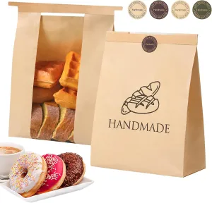 45 Pack Paper Bread Bags for Homemade Baking - Tin Tie Tab Lock Sourdough Bag, Large Loaf Packaging With Clear Window for Storage - 48 Label Seal Stickers for Bakery Use