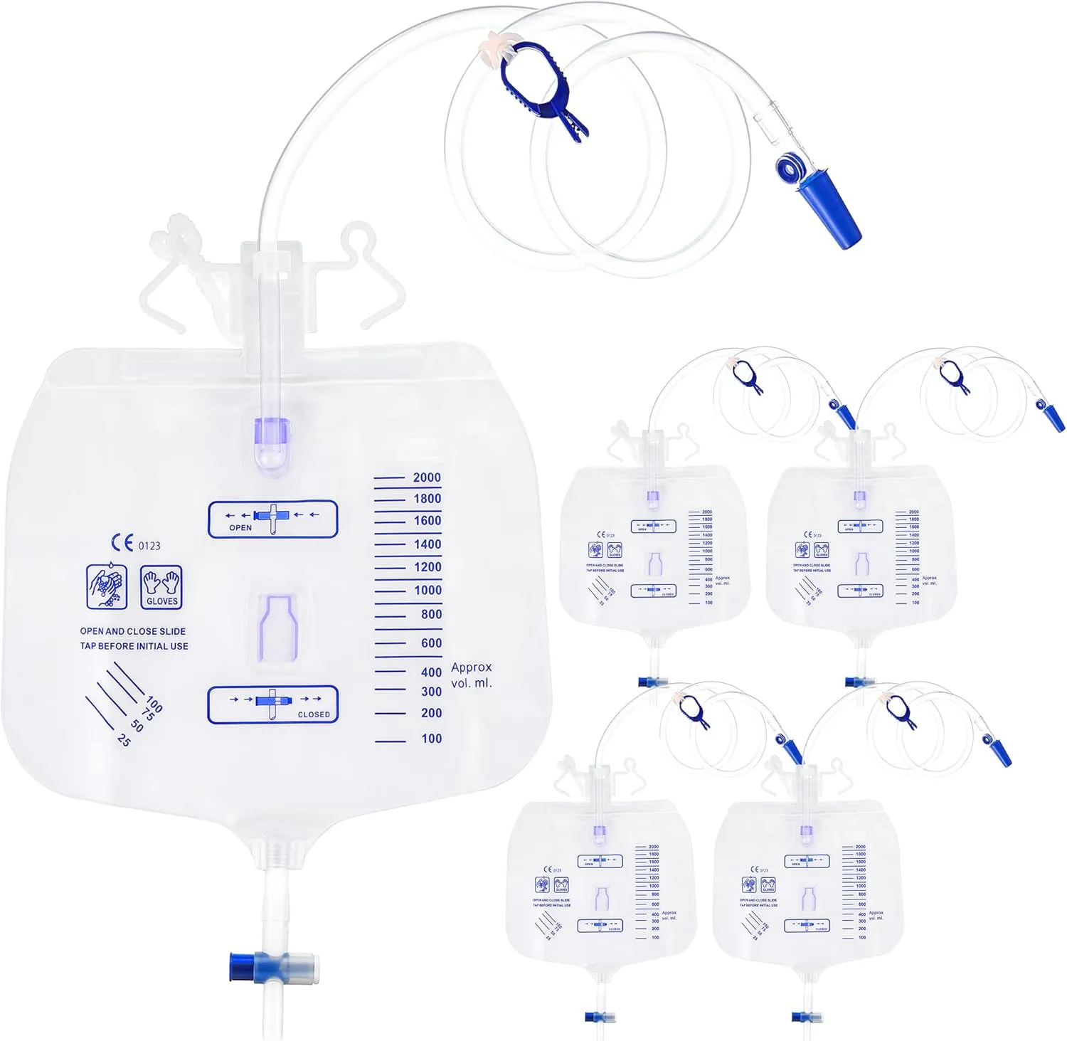 5 Pack 2000ML Urinary Drainage Leg Bag with Reflux Valve, 48" Tube & Adjustable Straps Large Capacity Catheter Bags for Men Urine Bag for Hospital/Home Use