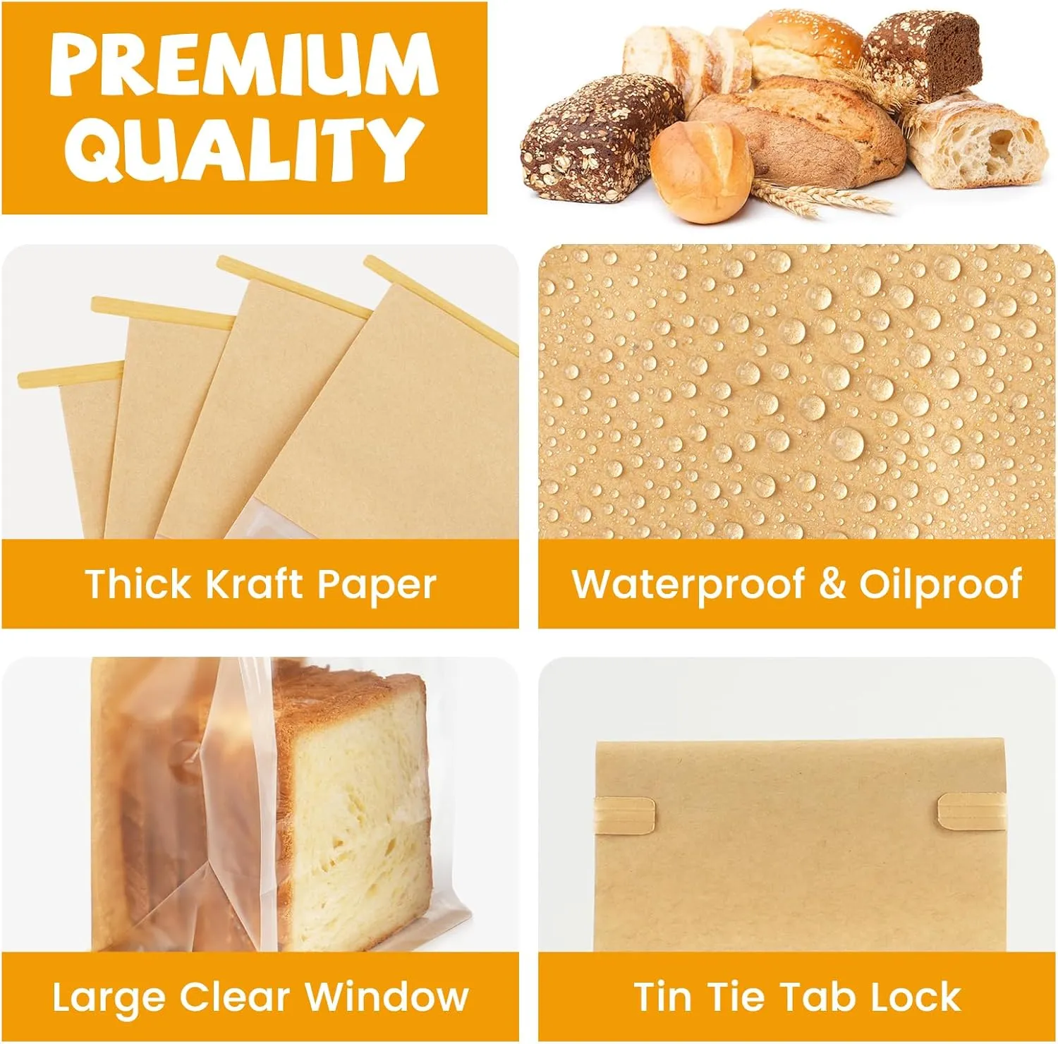 50 Pack Bakery Bags with Window, 5.1x3.9x11 Inches Tin Tie Tab Lock Resealable Bread Loaf Bags for Packaging Homemade Sourdough Bread, Cookies, Bagels, Pastry