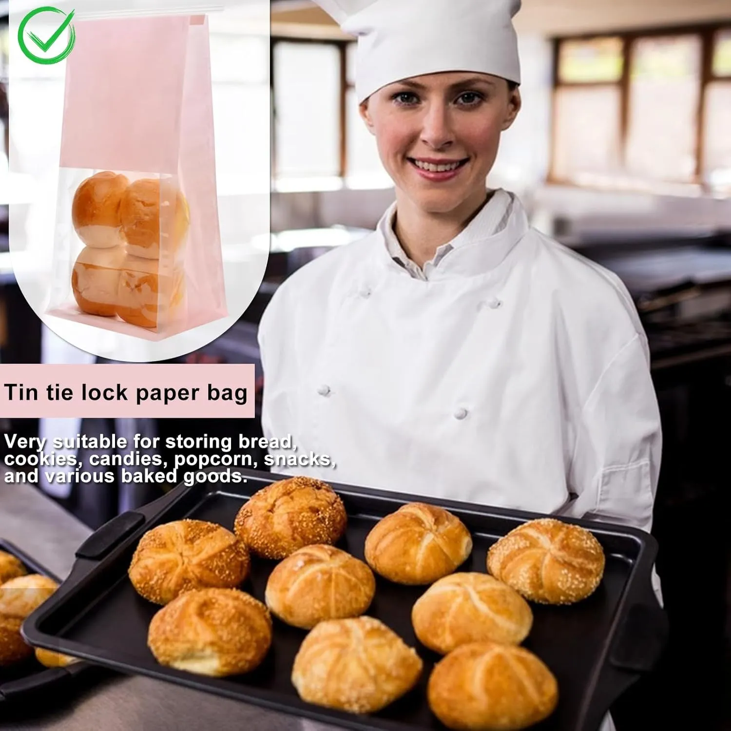 50 Pack Bakery Bags with Window - Reusable Cookie Bags With Seal Can Stand Upright Cookie Packaging Bag With Tin Tie Tab Lock Kraft Paper Bread Bags For Pastry,Donuts,Popcorns,Snacks