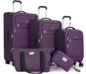 5pcs Luggage Set – 18 ”, 23 ”, 27 ” Suitcases   Travel & Toiletry Bags – Softshell, Spinner Wheels, Lightweight Durable Terylene Polyester – Purple