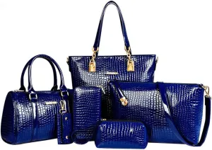 6-PC Women Handbag Shoulder Bag Crossbody Bag Purse Clutch Key Bag Crocodile Pattern Top-Handle Tote Fashion Satchel
