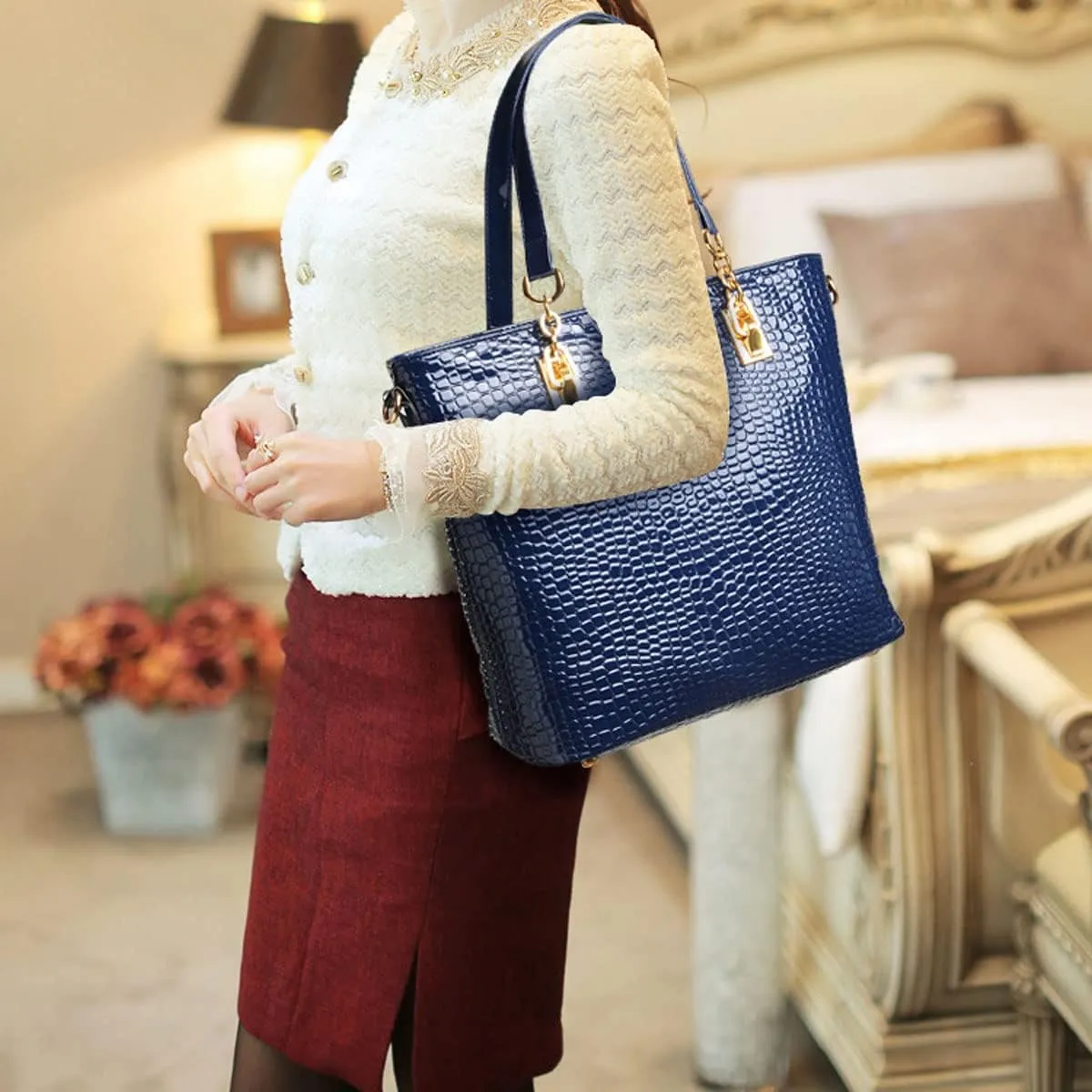 6-PC Women Handbag Shoulder Bag Crossbody Bag Purse Clutch Key Bag Crocodile Pattern Top-Handle Tote Fashion Satchel