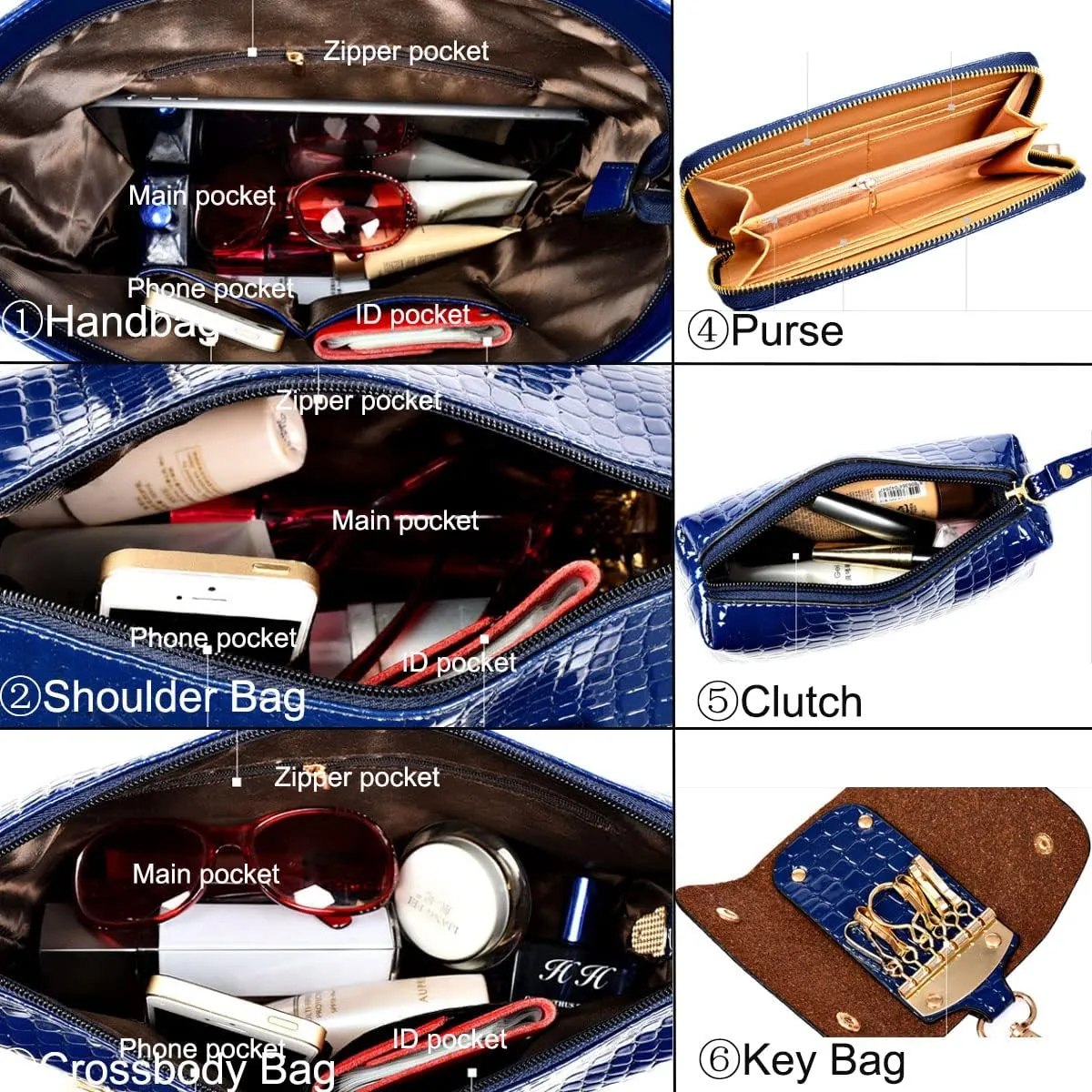 6-PC Women Handbag Shoulder Bag Crossbody Bag Purse Clutch Key Bag Crocodile Pattern Top-Handle Tote Fashion Satchel