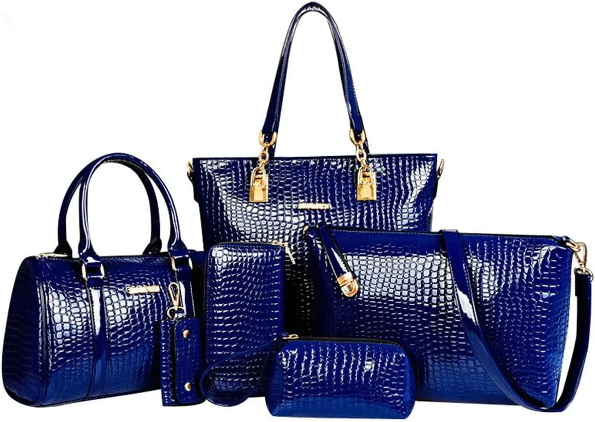 6-PC Women Handbag Shoulder Bag Crossbody Bag Purse Clutch Key Bag Crocodile Pattern Top-Handle Tote Fashion Satchel