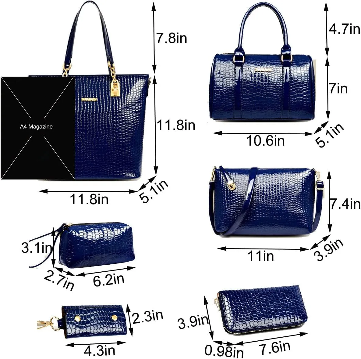 6-PC Women Handbag Shoulder Bag Crossbody Bag Purse Clutch Key Bag Crocodile Pattern Top-Handle Tote Fashion Satchel