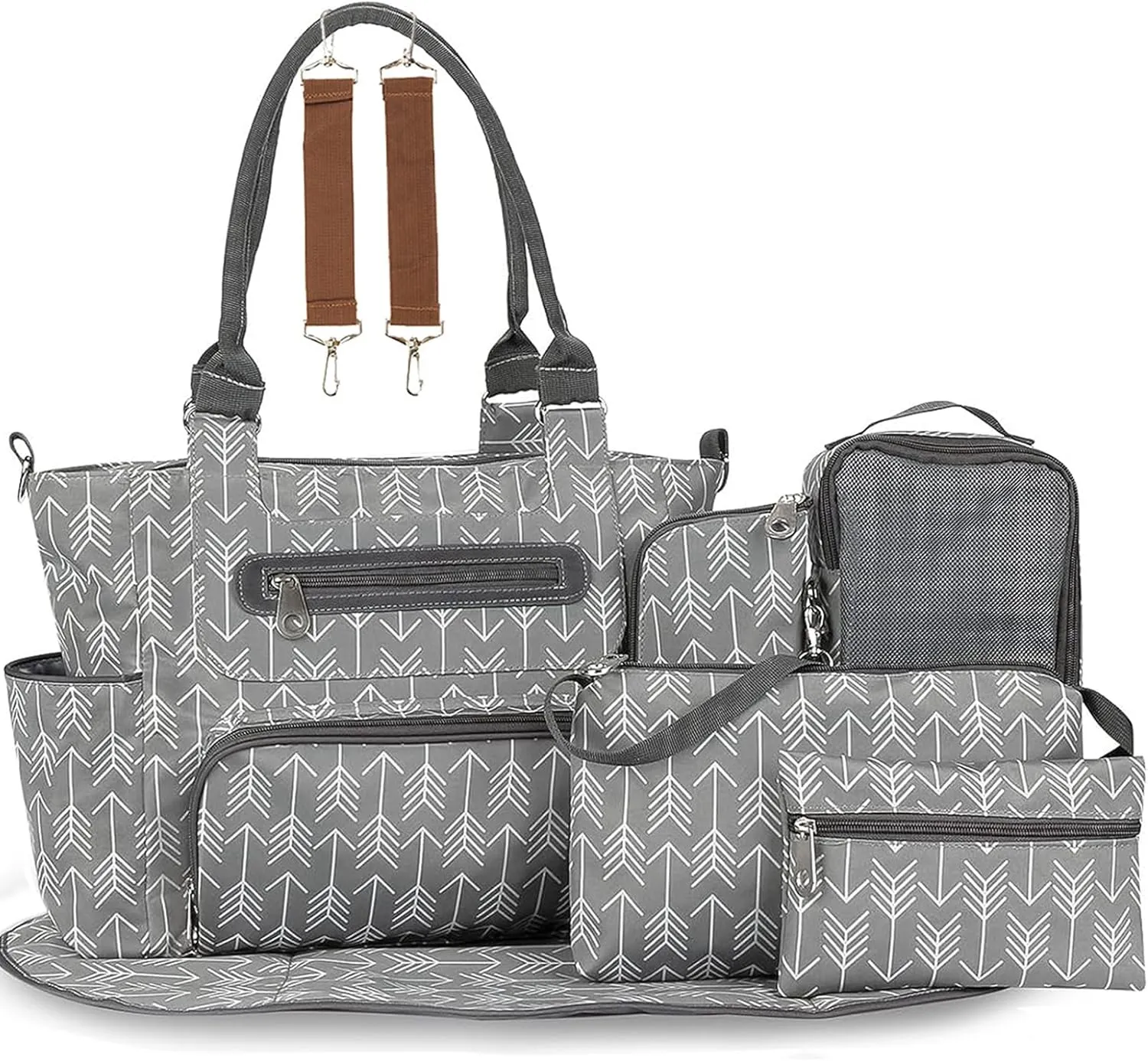 8-Piece Diaper Bag Set for Moms – Large & Small Bags with Bottle Holder, Changing Pad, Pacifier Pouch & More